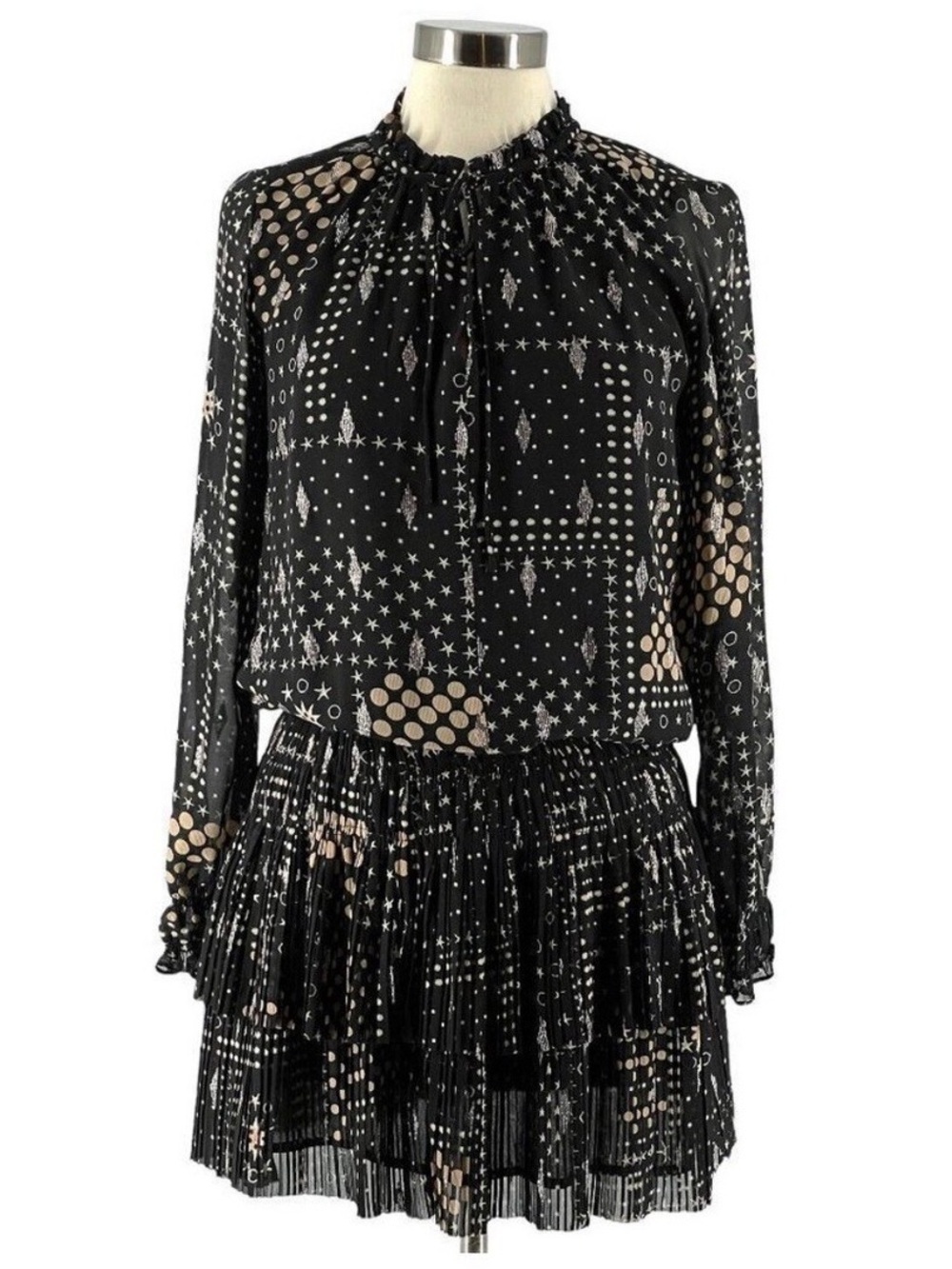 Current Air Black Long-Sleeve Ruffled Mini Dress Geometric Star Print Medium